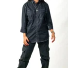 Contrast Stitch Flap Pockets Black Shirt