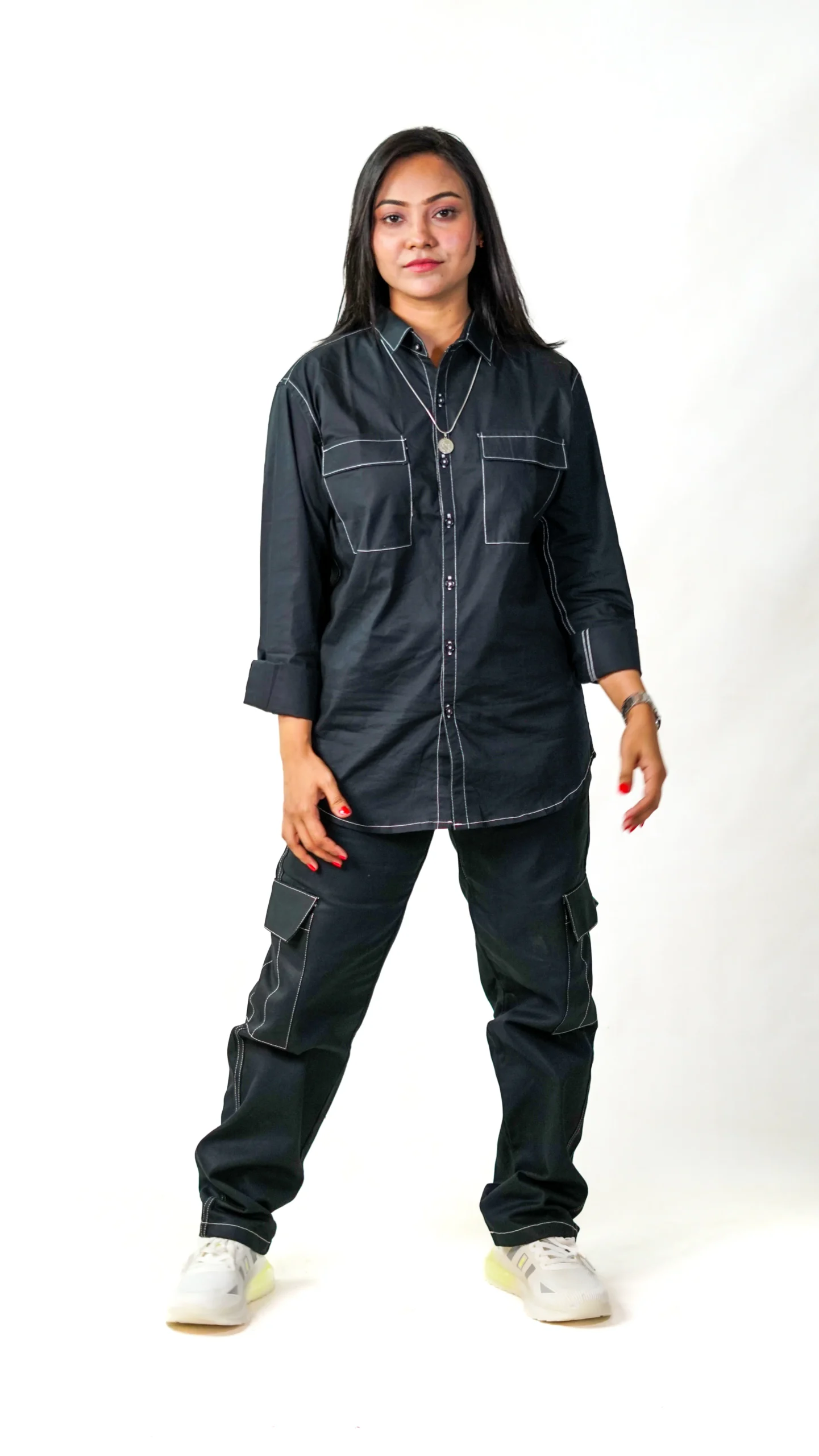 Contrast Stitch Flap Pockets Black Shirt